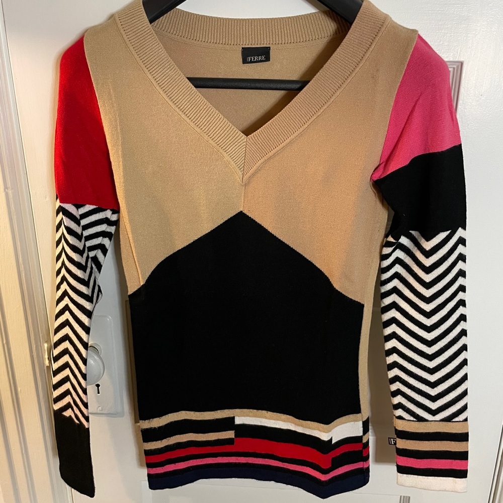 Gianfranco Ferre Jeans V-Neck Sweater in Black, Tan, Red, Pink, and Cream